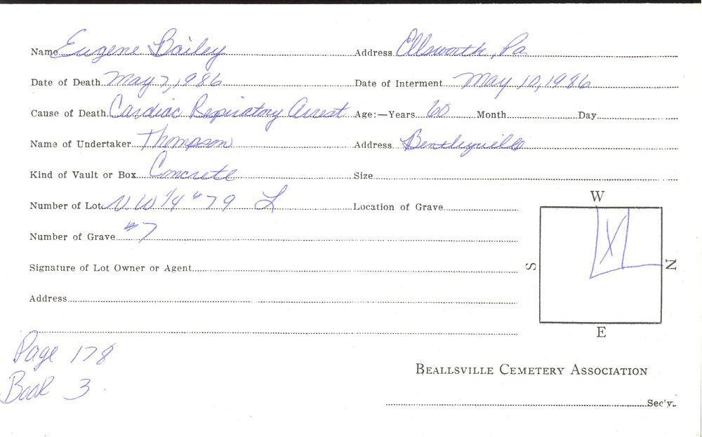 Eugene Bailey burial card